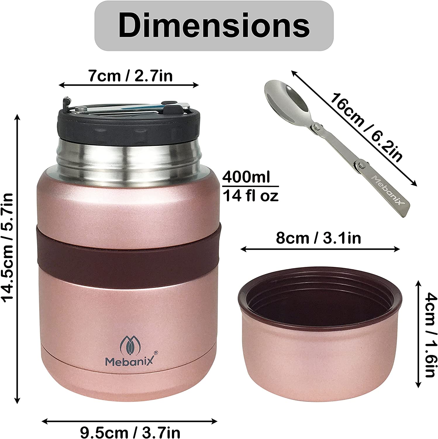 Mebanix Food Flask Hot Food Cold Food Soup 400ml Stainless Steel